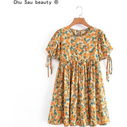 2021 Summer Vintage Floral Print Cuffs Lace-Up Loose High Waist O-Neck Dress For Women Zipper Vestido Fashion