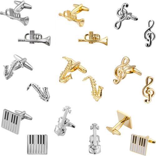 Are gold and silvery music equipment musician Sax piano violin Mens Wedding Shirt Cufflinks Cuff Links
