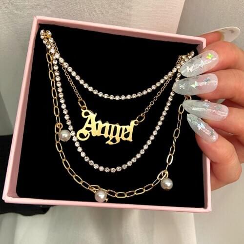 JUST FEEL Angel Letters Pendant Pearl Long Necklaces Multi layer Shine Crystal Chain Choker Necklace Women Engagement Jewelry