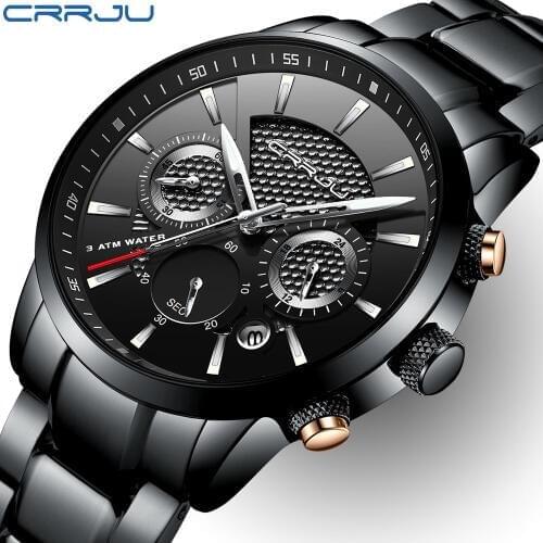 CRRJU Luxury Brand Watches Men Six pin Full Stainless steel Military Sport Quartz Watch Man Fashion Casual Business Wristwatches
