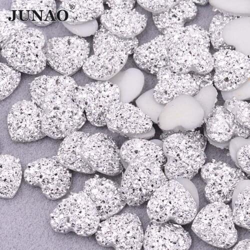 JUNAO 12mm Glitter Silver Rhinestones Resin Applique Non Hotfix Strass Crystal Flatback Gems Heart Shape Stones for Decor Crafts