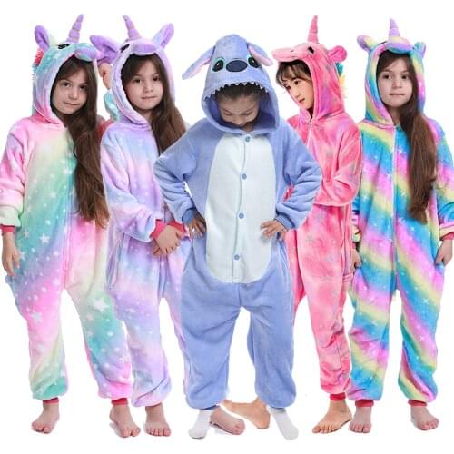 Kigurumi Unicorn Jumpsuit Kids Unicornio Pajamas Children Winter Homewear Boys hooded Flannel Onesies Girl Panda Overall