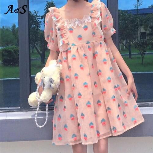 Japanese Sweet Girl Lolita Drees Vintage Victorian Gothic Cartoon Cute Ruffle Puff Sleeve Bow Lace Princess Tea Party Dresses