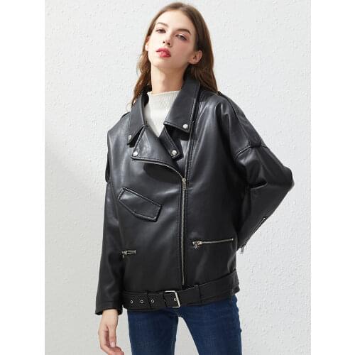Ailegogo Spring Autumn Oversized Faux Leather Jacket with Belt Women Casual Loose Biker Outwear Female BF Black Leather Coat