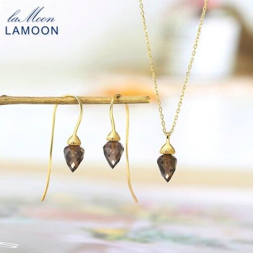 LAMOON S925 Silver Jewelry Set For Women Cone Natural Smoky Quartz Mysterious Gemstone 14K Gold Plated Fine Jewelry Korean V074