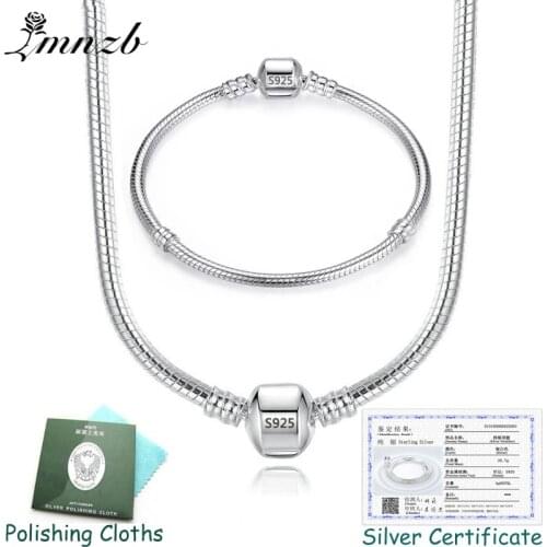 LMNZB With Certificate Real Solid 925 Sterling Silver Jewelry Set For Women Fine 3mm Chain Necklace Bracelet Set LST005