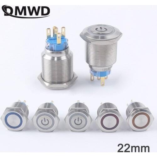 22mm Metal Push Button Switch Momentary Reset With Ring Lamp Waterproof Flat Round Self-Locking 5Pins 12V6V220V Green Red Blue
