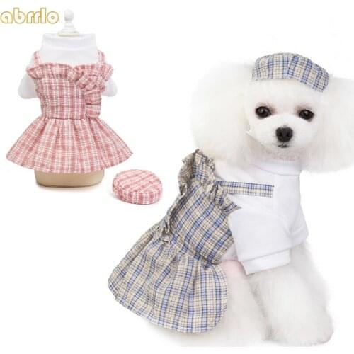 Cute Pet Plaid Dress With Hat Spring Summer New Dog Clothes For Small Dogs Teddy Chihuahua Yorkie Puppy Cat Costumes Pomeranian