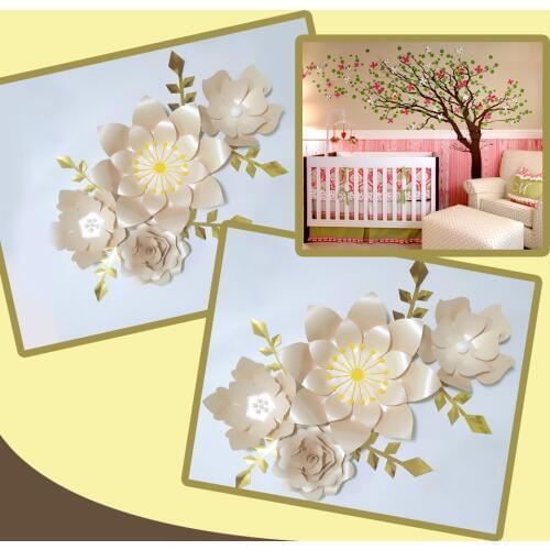 Handmade Glitter Light Pink Rose DIY Paper Flowers Gold Leaves Set Party Backdrop Nursery Wall Deco Girls Room Baby Shower Video