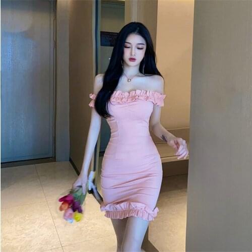 2021 Summer New Womens Sexy One-Line Neck Strapless Slim Solid Color Short Mini Dress