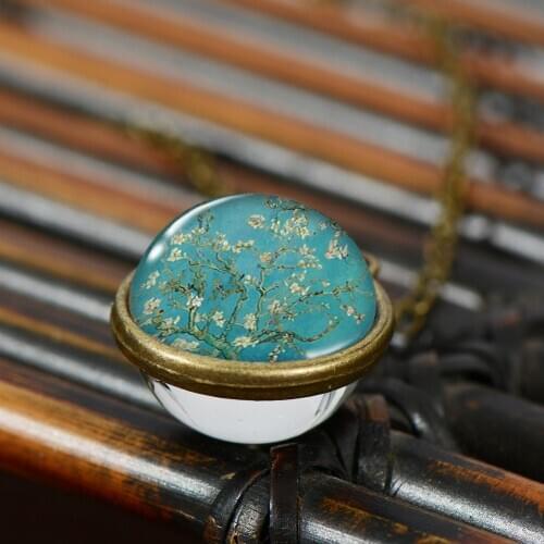 Almond Branch Bloom Charm Necklace Van Gogh Starry Night Oil Painting Glass Crystal Pendants Double-sided Design Jewelry