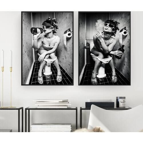 Drinking and Smoking Black White Woman Painting Posters Prints Pub Bar Decoracion Paintings Creative Toilet Wall Pictures