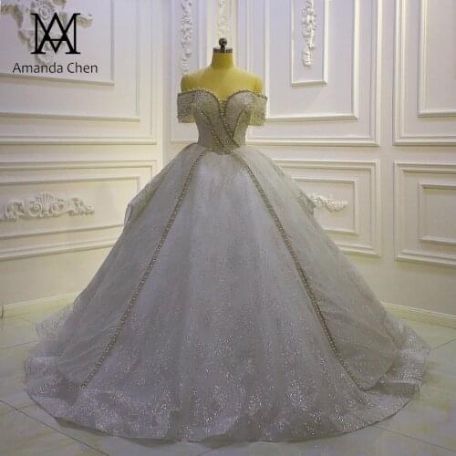 Sale Off Shoulder Pearls Glitter Without Train Wedding dress