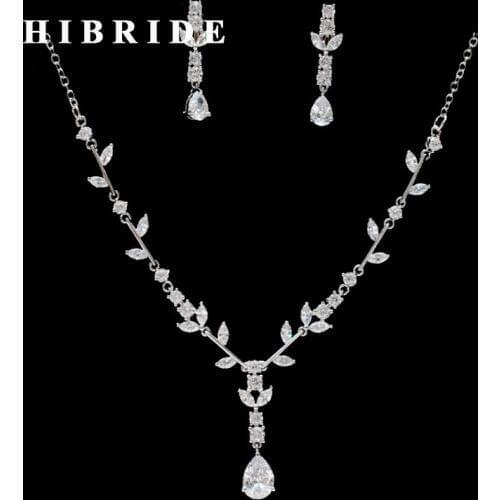 HIBRIDE Water Drop Crystal Rhinestone Brazil Style Wedding Jewelry Sets Luxury Necklace Pendant Set Dress Accessories N-257