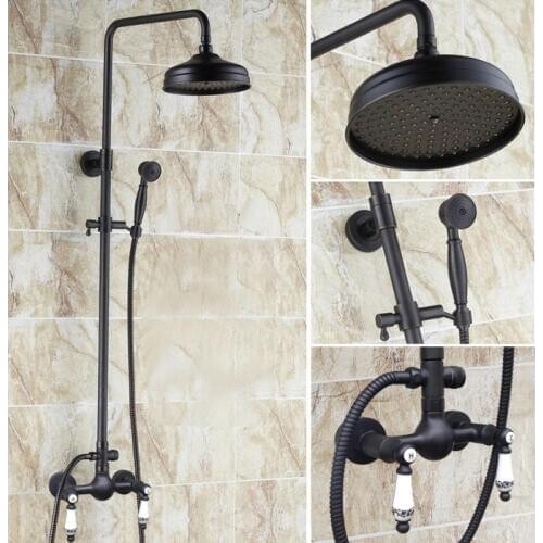 Dark Black Oil Rubbed Brass 8" inch shower Head Double Ceramics Handles Wall Mounted Bathroom Rain Shower Faucet Set ars517