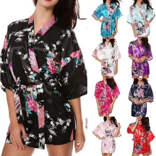 Women Night Robes Simulation Silk Satin Bath Robe Floral Print Bride Robe Fashion Gown Bath Robe Lingerie Sleepwear Summer