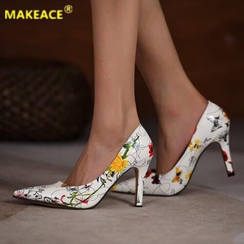 Ladies' High Heels Sexy Printed Leather 9cm Pointed Small Floral Fashion Womens Shoes Casual Party Wedding Single Shoes