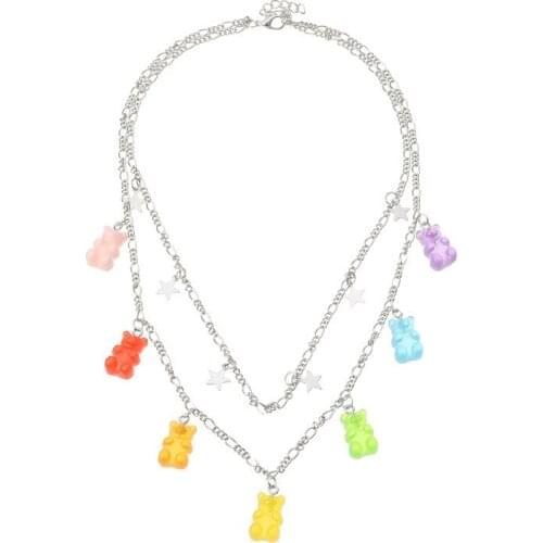 2021 New Fashion Cool Girl Transparent Jelly 7 Color Bear Necklace Punk Colour Resin Bear Neck Chain for Women Gifts Jewelry