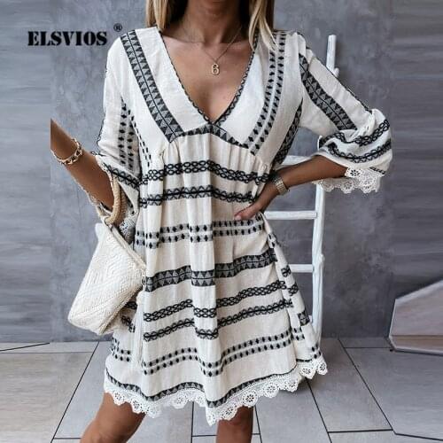 Female V neck Half Sleeve Printed Casual Dress Summer Sexy Petal Lace Dress 2021 Autumn Ladies New Fashion Elegant Party Dresses