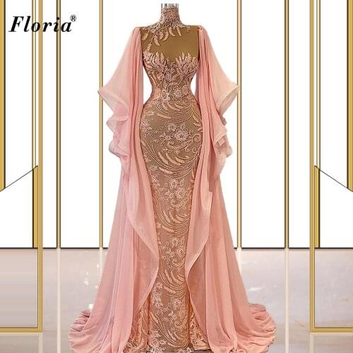 Muslim Pink Flowers Evening Dresses Long Mermaid Celebrity Dresses For Women 2021 Fairy Grand Prom Party Dresses Robe Femme