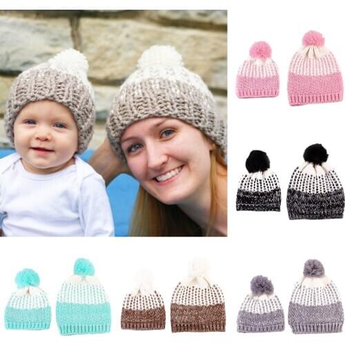 Winter Stylish Warm Novelty Mom+Baby Knitted Pom Bobble Hat Cap