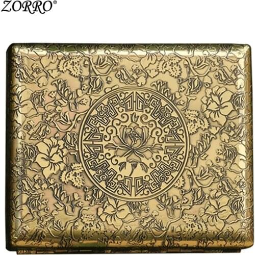 Zorro riches and peony 20 pack full copper cigarette case male slim creative personality retro portable birthday gift
