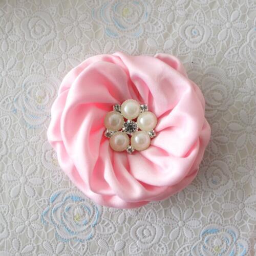 Kids hair flowers Matte Satin Rolled Flower pearl rhinestone center Rose Flower for headband 7-7.5cm 30pcs kids flower