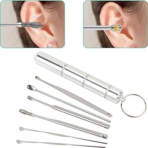 6Pcs Ear Wax Pickers Portable Stainless Steel Earpick Wax Remover Curette Ear Pick Cleaner Spoon Care Ear Cleaning Digging Tool