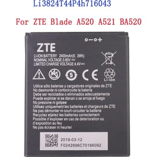100% High Quality 2400mAh Li3824T44P4h716043 Battery For ZTE Blade A520 A521 BA520 Mobile Phone Battery