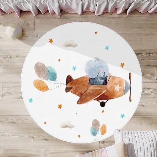 Beyaz Çocuk Odası Halısı fil uçak balon yıldız bulut sarı mavi gri