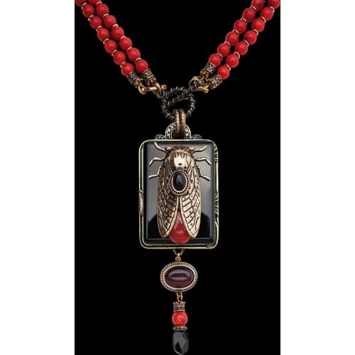 Amorita boutique vintage design cicada Keratoisis Natural Red Sea Bamboo Beads Agate necklace