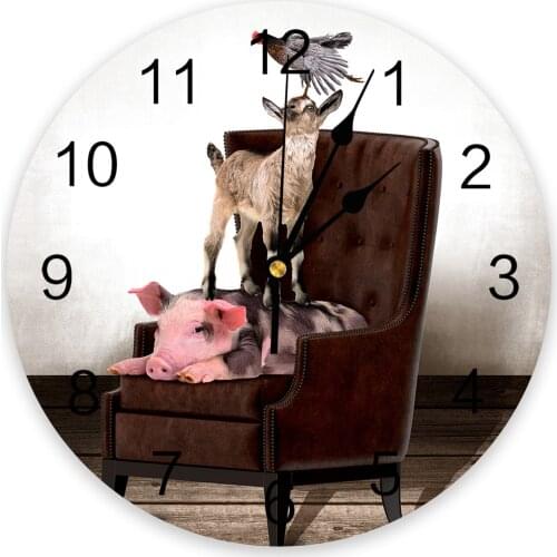 Pig Cow Chicken Sitting On Chair Round Wall Clock Modern Design Home Living Room Decoration Childrens Room Kitchen Table Clock