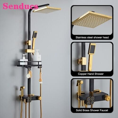 Press Digital Shower Set Senducs Black Gold Bathroom Shower System Rainfall Bathtub Faucet Chrome Thermostatic Shower Set