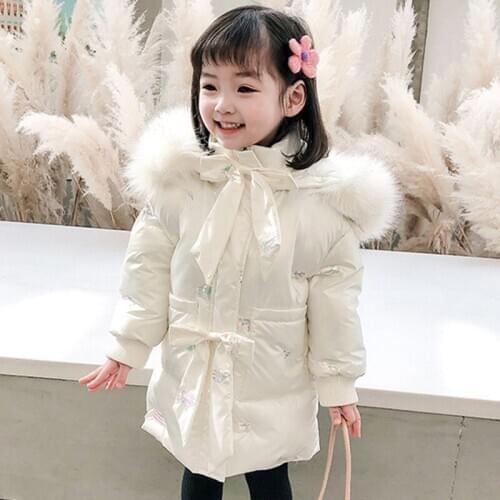 DFXD Fashion Down Jackets For Girls Winter Bow Fur Collar Hooded Thicken Outwear Warm Long Princess Sequins Coats Kids Clothes