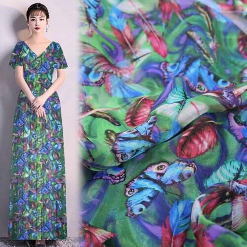 Animal design blue butterfly and bird print on green pure silk chiffon silk fabric,SCF153