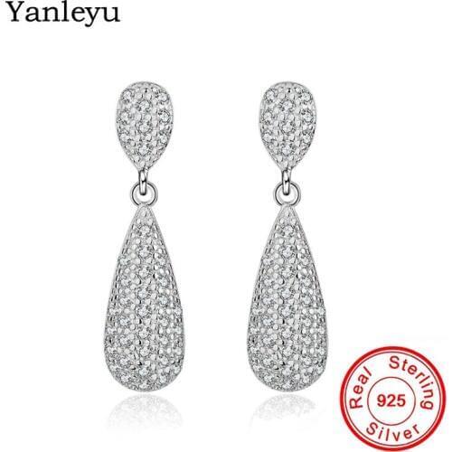 Yanleyu Elegant Female Wedding Jewelry Accessories Original Solid 925 Sterling Silver Water Drop Dangle Earrings for Women PE022