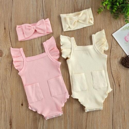 2Pcs Summer Knitted Baby Girls Casual Outfit Toddlers Solid Fly Sleeve Pocket Romper + Bow Headwear Set Children Infant Clothes