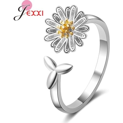 Cute Sweet 925 Sterling Silver Daisy Flower Leave Opening Finger Rings For Women Girl Wedding Party Gfits Fine Jewelry