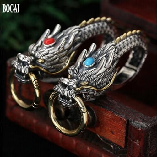 BOCAI 100% real S925 pure Silver Jewelry Vintage Thai Silver Keychain Pendant for man Personality Dragon Man Belt Buckle