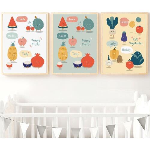 Nordic Home Decor Cute Canvas Painting Wall Art Cartoon Fresh Pineapple Fruits Vegetables Pictures For Kitchen Supermarket