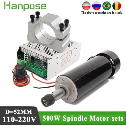 0.5kw Air cooled spindle motor ER11 chuck CNC 500W Spindle dc Motor + 52mm clamps + Power Supply speed governor For DIY CNC