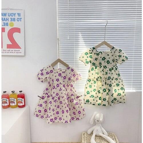 Girls Dress Fresh Flower Wide Neckline Dress Princess Dresses Summer New Childrens Clothing