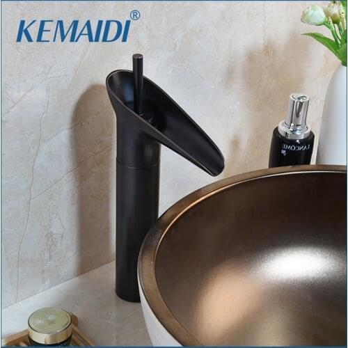 KEMAIDI Black Bronze Solid Brass Bathroom Faucet Basin Sink Mixer Tap Counter Top Waterfall Spray Bathroom Mixer Tap