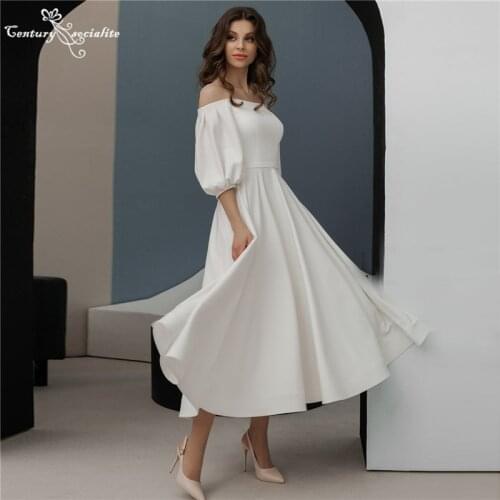 Off the Shoulder Wedding Dresses 2021 Ankle Length Lantern Sleeve Crepe Bridal Gowns Couture Bride Dress Vestido De Noiva