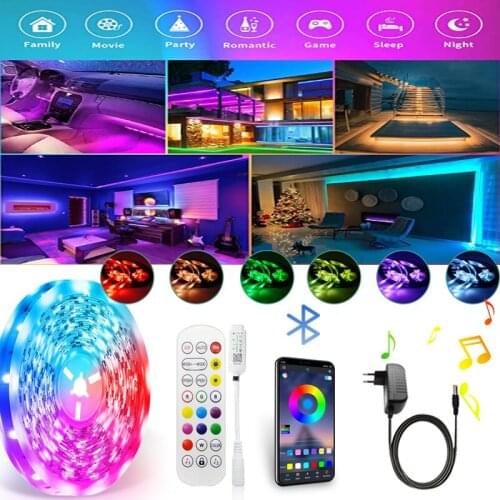 LED Strips Lights Bluetooth Music RGB 5050 SMD 2835 Flexible Waterproof Tape Diode 5M 10M 15M 20M DC 12V Remote Control+Adapter