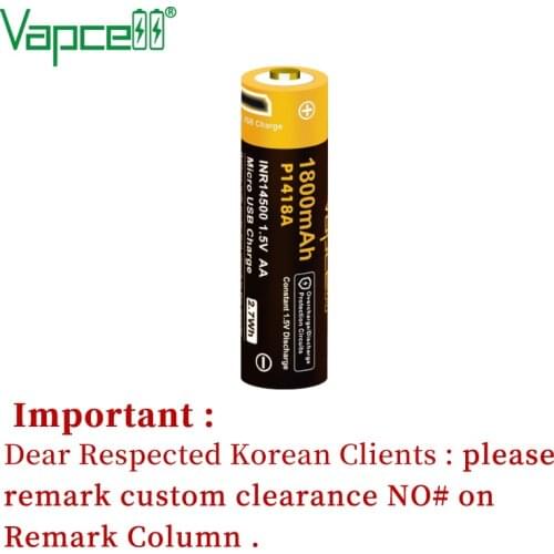 Vapcell Original 14500 AA 1.5V 1800mah battery button top USB Rechargeable li ion Batteries cells