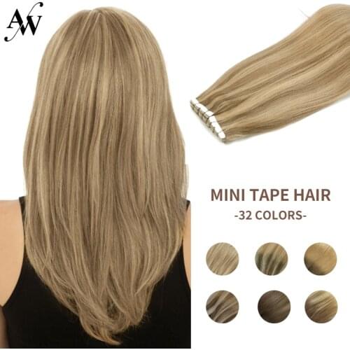 AW Mini Tape In Human Hair Extensions Machine Remy Human Hair Invisible Seamless Adhesive Skin Weft Balayage Color For Salon