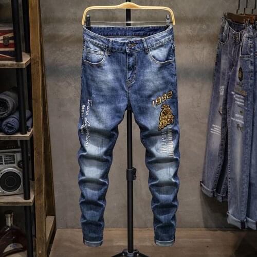 Embroidery stitchwork Boutique European Men Brand Slim Jeans Denim Trousers Stretch Blue Patchwork Hole Pants For Men Ripped