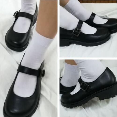 Japanese School Students Uniform Shoes Uwabaki JK Round Toe Buckle Trap Women Girls Lolita Cosplay Med Heels G10