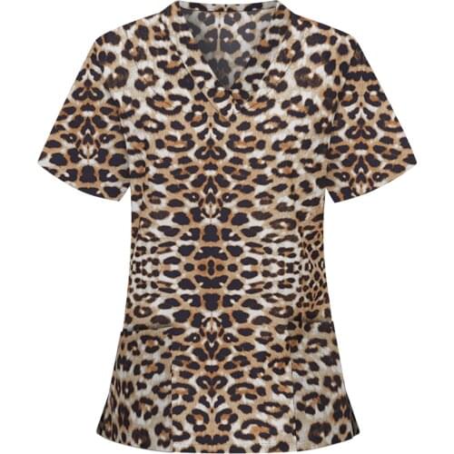 Women Medicaled Clothing Leopard Print Short Sleeve Nurse Tops Summer V-neck Working Nurse Uniform Blouse Clinical Uniform Woman